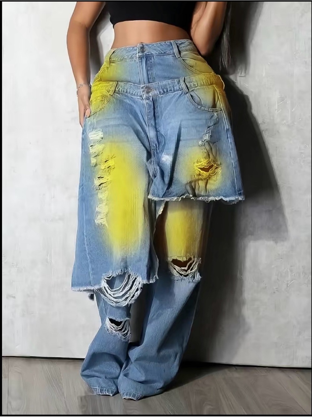 Yellow-Accent Distressed Boyfriend Jeans